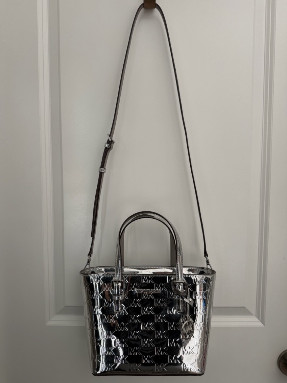 MICHAEL KORS Jet Set Extra Small Metallic Silver Embossed Tote - Picture 9 of 16